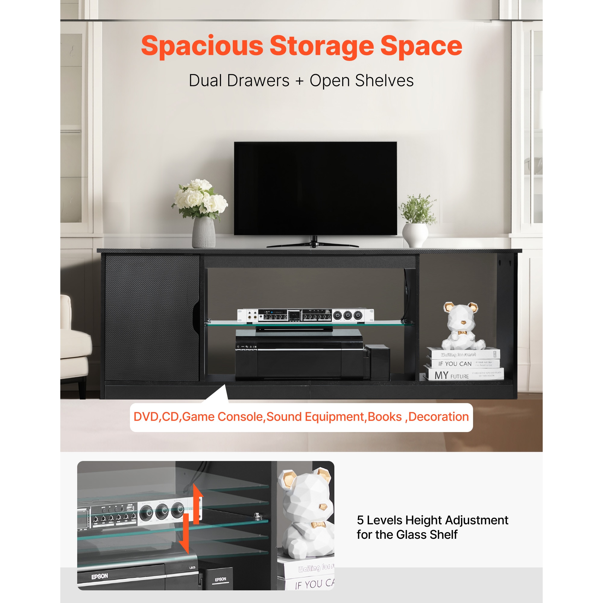 TV Stand For TVs Up To 65 In Modern Entertainment Center With Glass Shelf_maomaolike.com